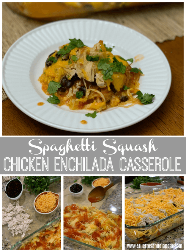 Chicken Enchilada Spaghetti Squash Casserole, Low Carb, Family Friendly, Quick Weeknight Dinner, Stilettos and Diapers