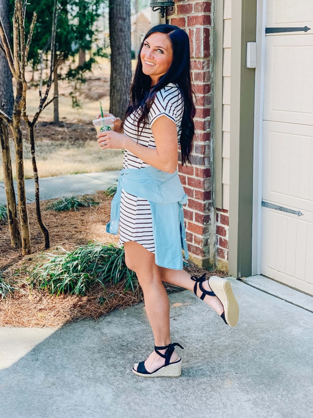 Amazon find, Spring style, Stilettos and Diapers, Striped dress with chambray shirt