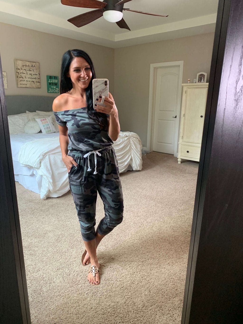 Amazon Finds, Amazon Style, Stilettos and Diapers, Molly Wey, Camo off the shoulder jumpsuit