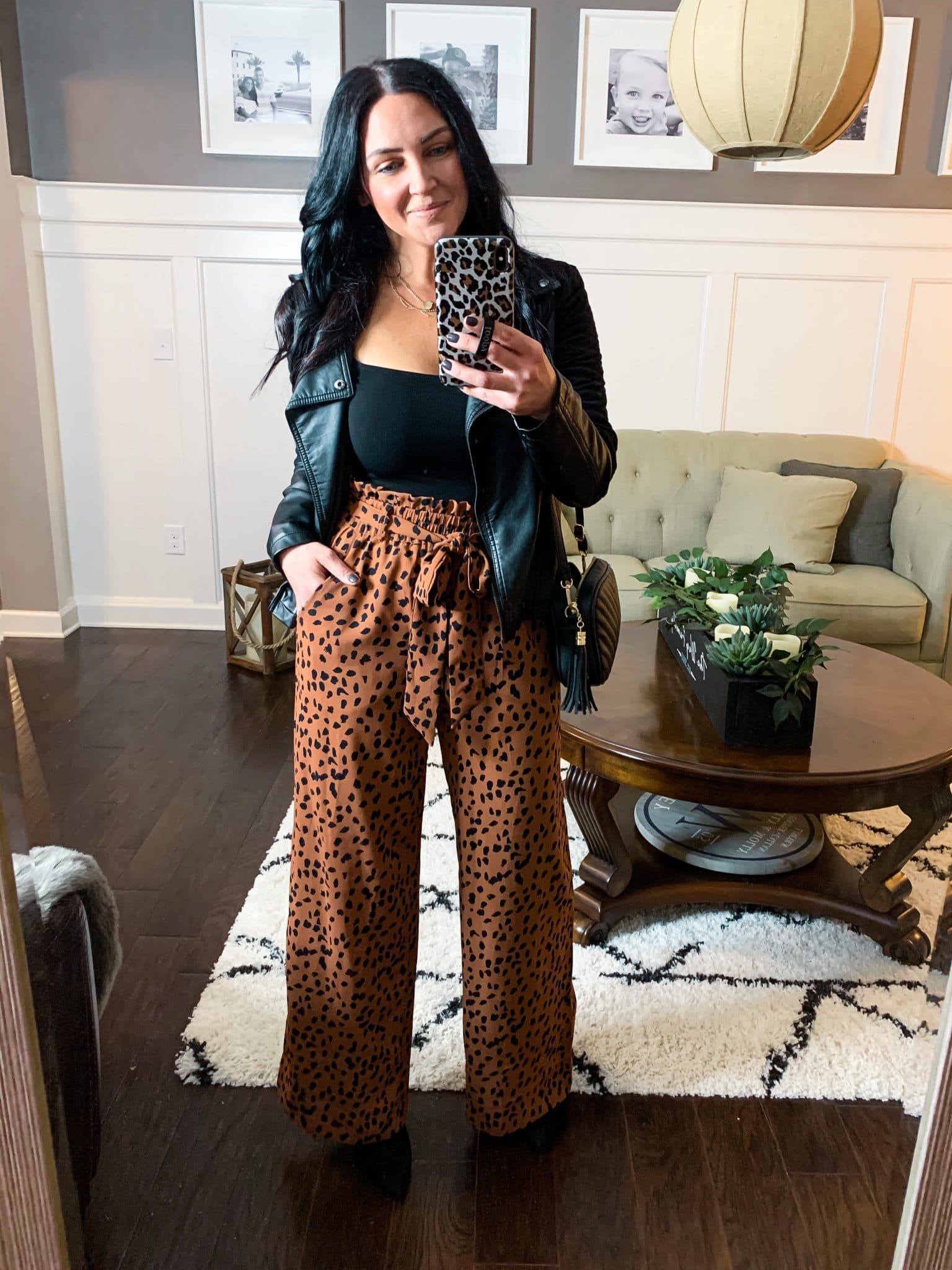Wide leg leopard pants, date night style, Stilettos and Diapers, Molly Wey