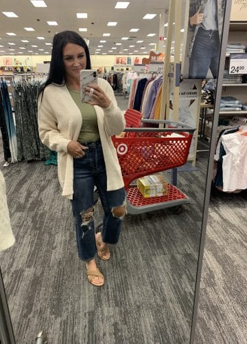 Boyfriend jeans, comfortable cardigan, Target Fall Haul, Best Target finds, Stilettos and Diapers