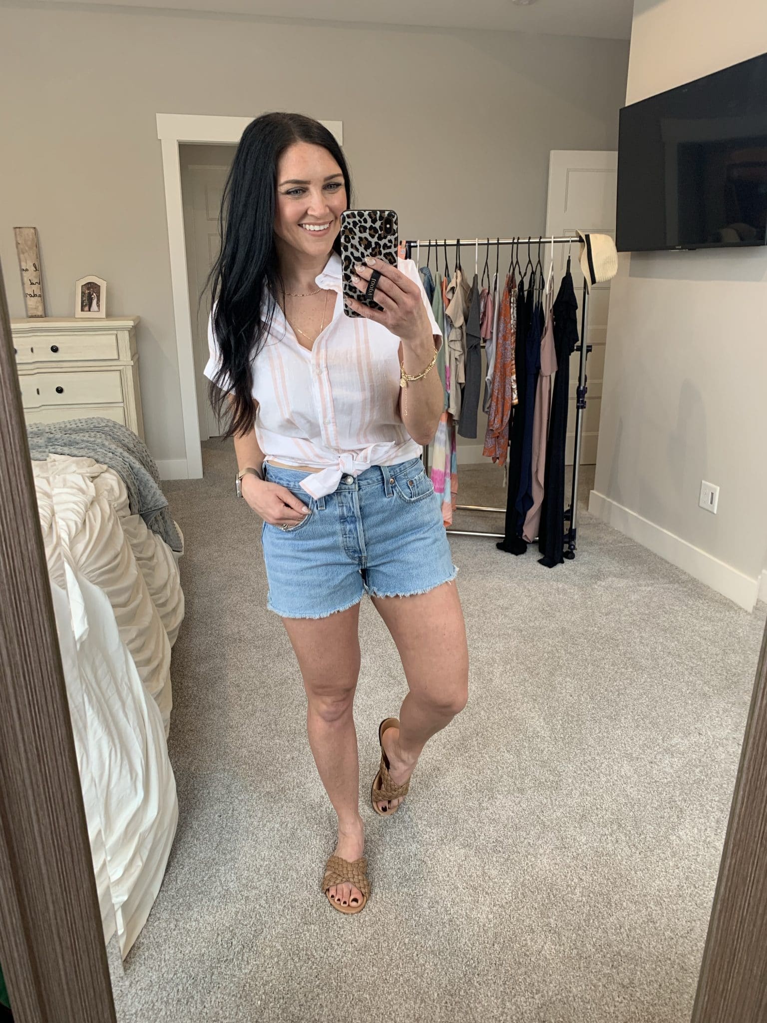 denim shorts, tie shirt, Amazon Spring Favorite Outfits, Stilettos and Diapers, Molly Wey