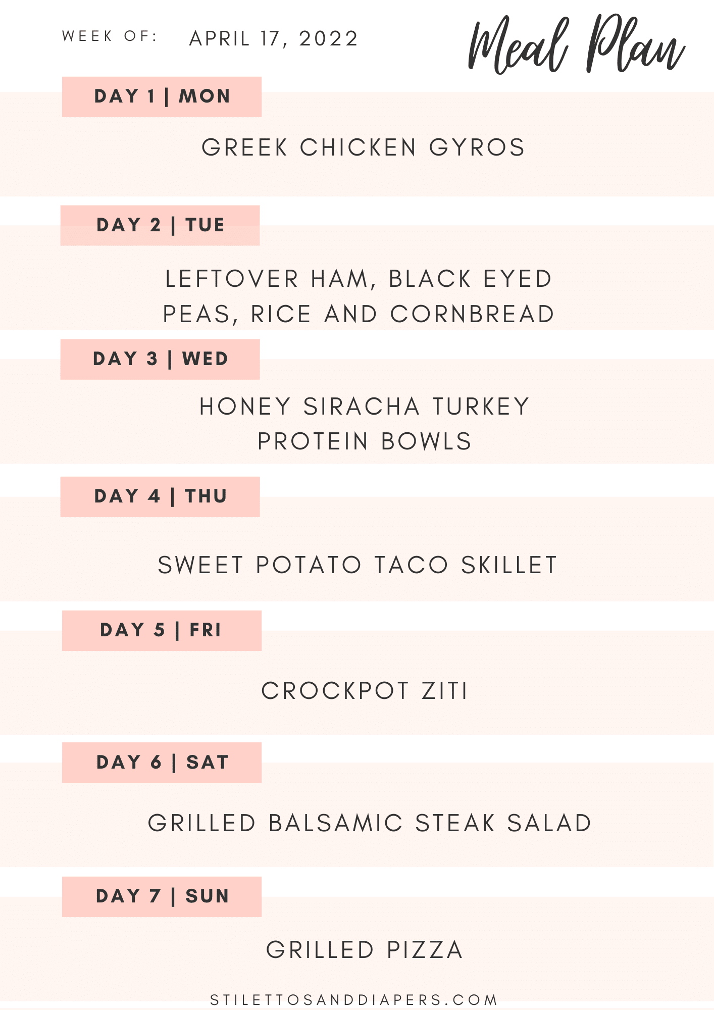 1 week meal plan, family dinners, spring meal plan, stilettos and diapers
