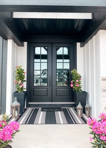 Front porch decor, Double black front doors, black and white house, Stilettos and Diapers