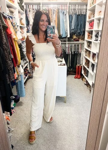 white ruffle shoulder jumpsuit, amazon summer outfits, stilettos and diapers, molly wey