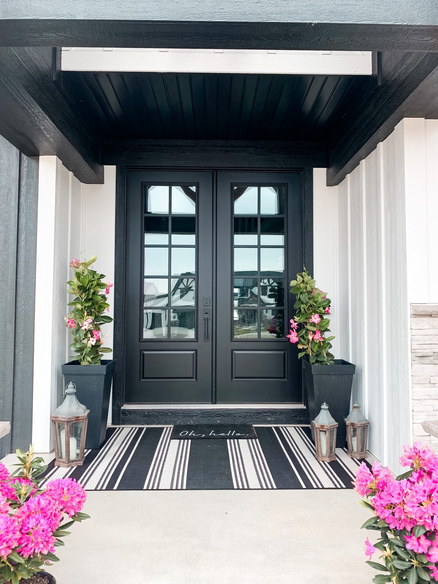 New Home Build, Grand Rapids, Michigan, Black double doors, front porch decor