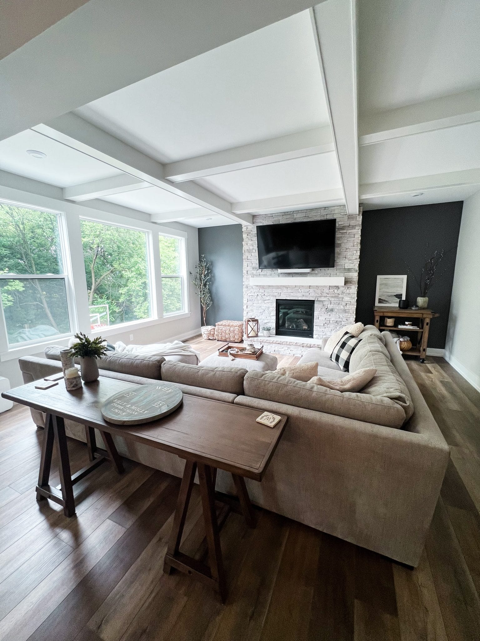 Living Room Design, Ceiling Beams, Accent wall, modern farmhouse, stilettos and diapers