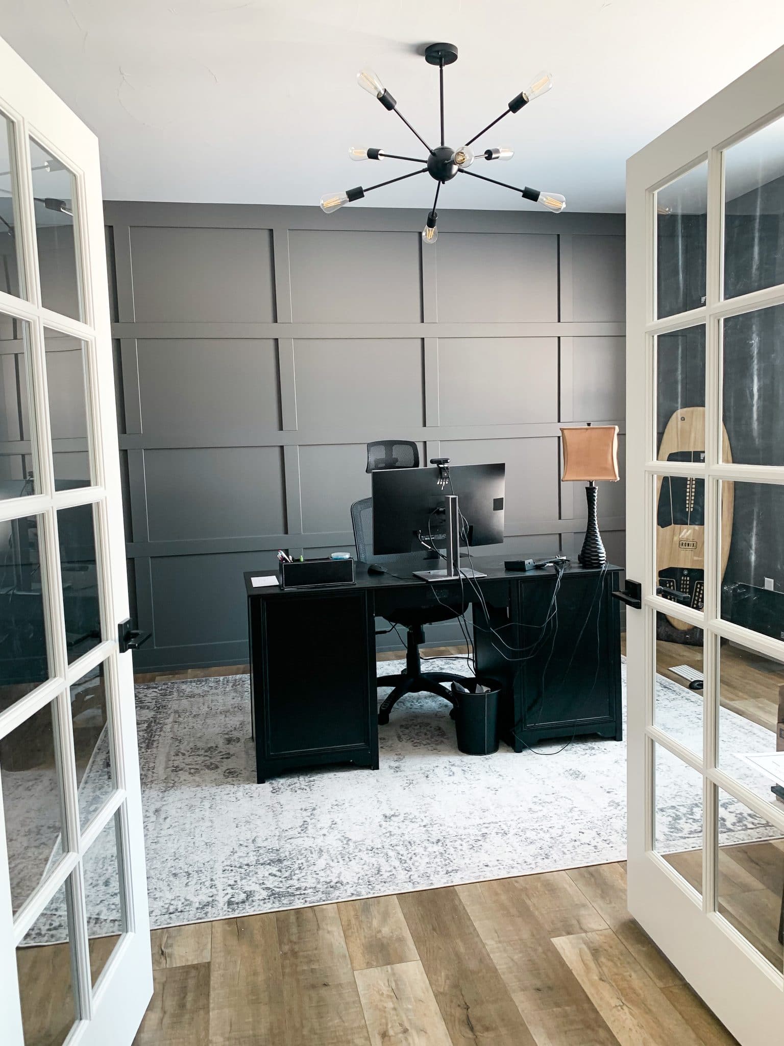 Office with focal wall, kendall charcoal painted office, modern farmhouse, stilettos and diapers