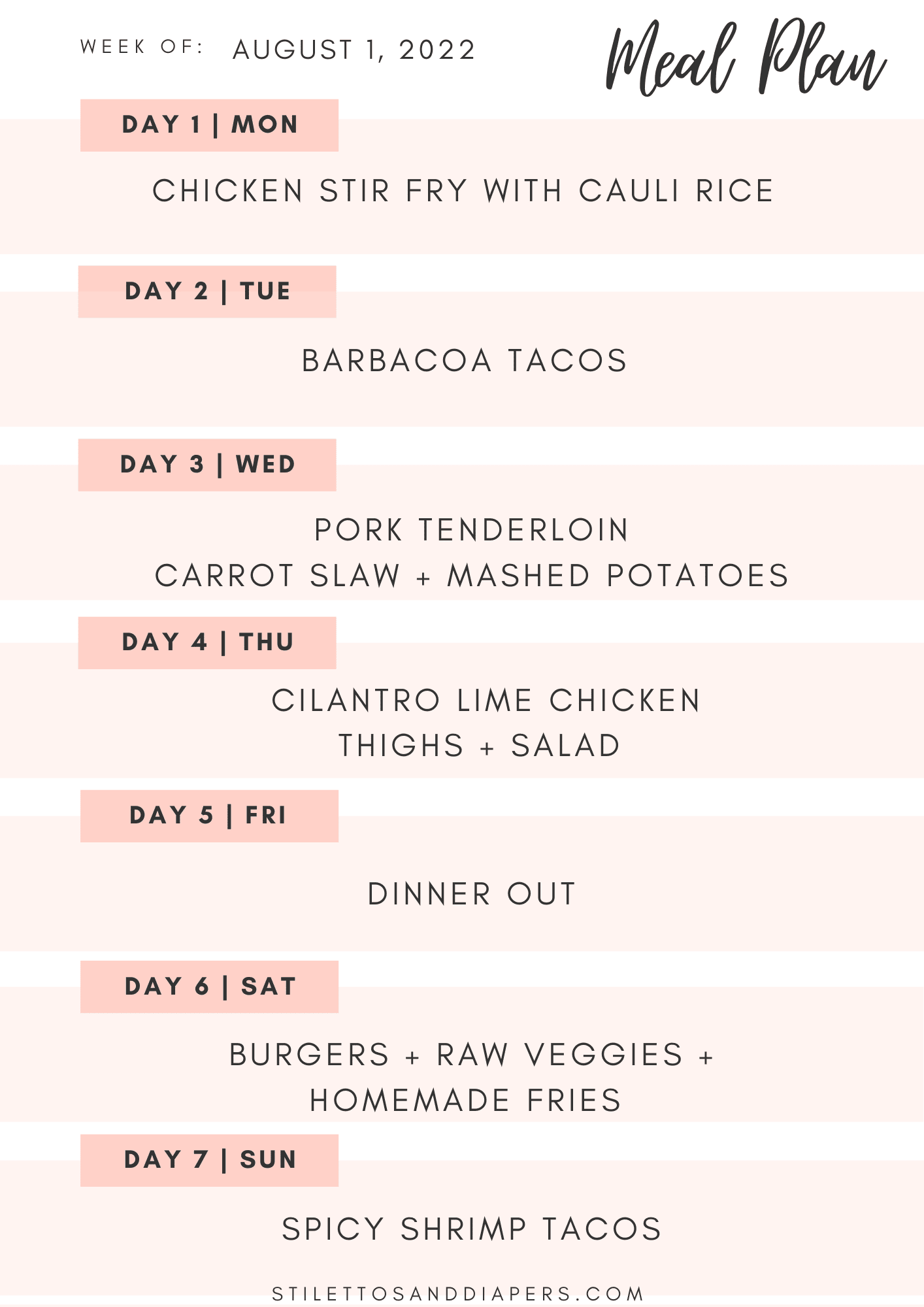 weekly Meal Plan, family meal plan, clean eating meal plan, stilettos and diapers