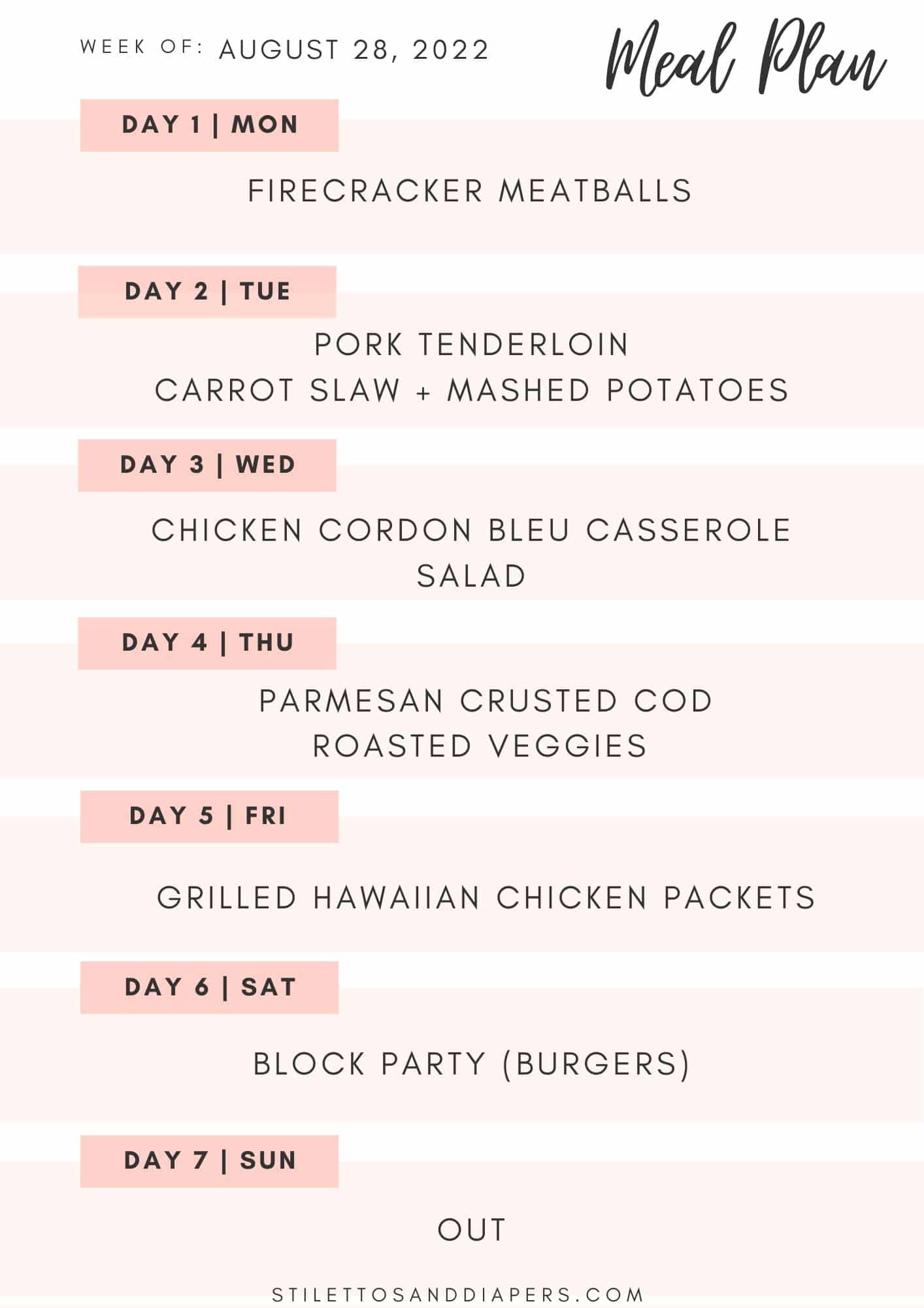 Weekly Meal Plan, Family Friendly Menu, Stilettos and Diapers