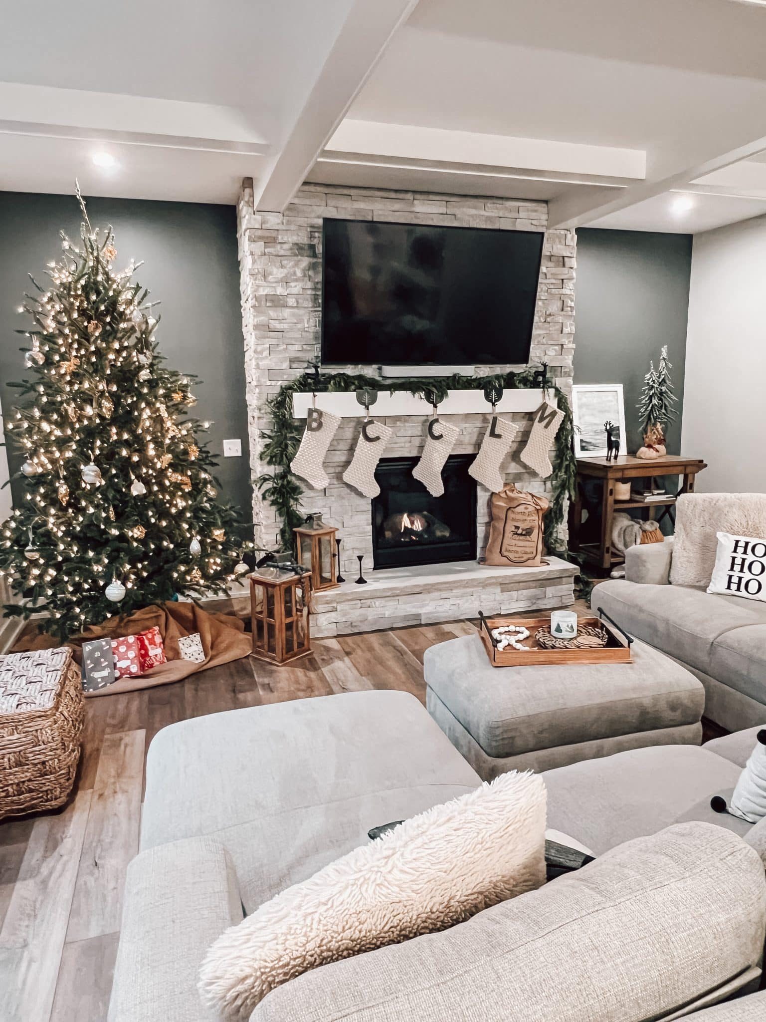 Christmas living room decor, neutral Christmas decor, Christmas home tour, Modern farmhouse Christmas decor, Stilettos and Diapers