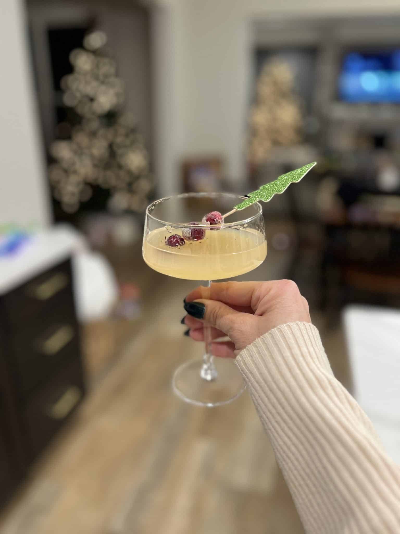 Christmas cocktail, lemon drop martini, sugared cranberries, stilettos and diapers
