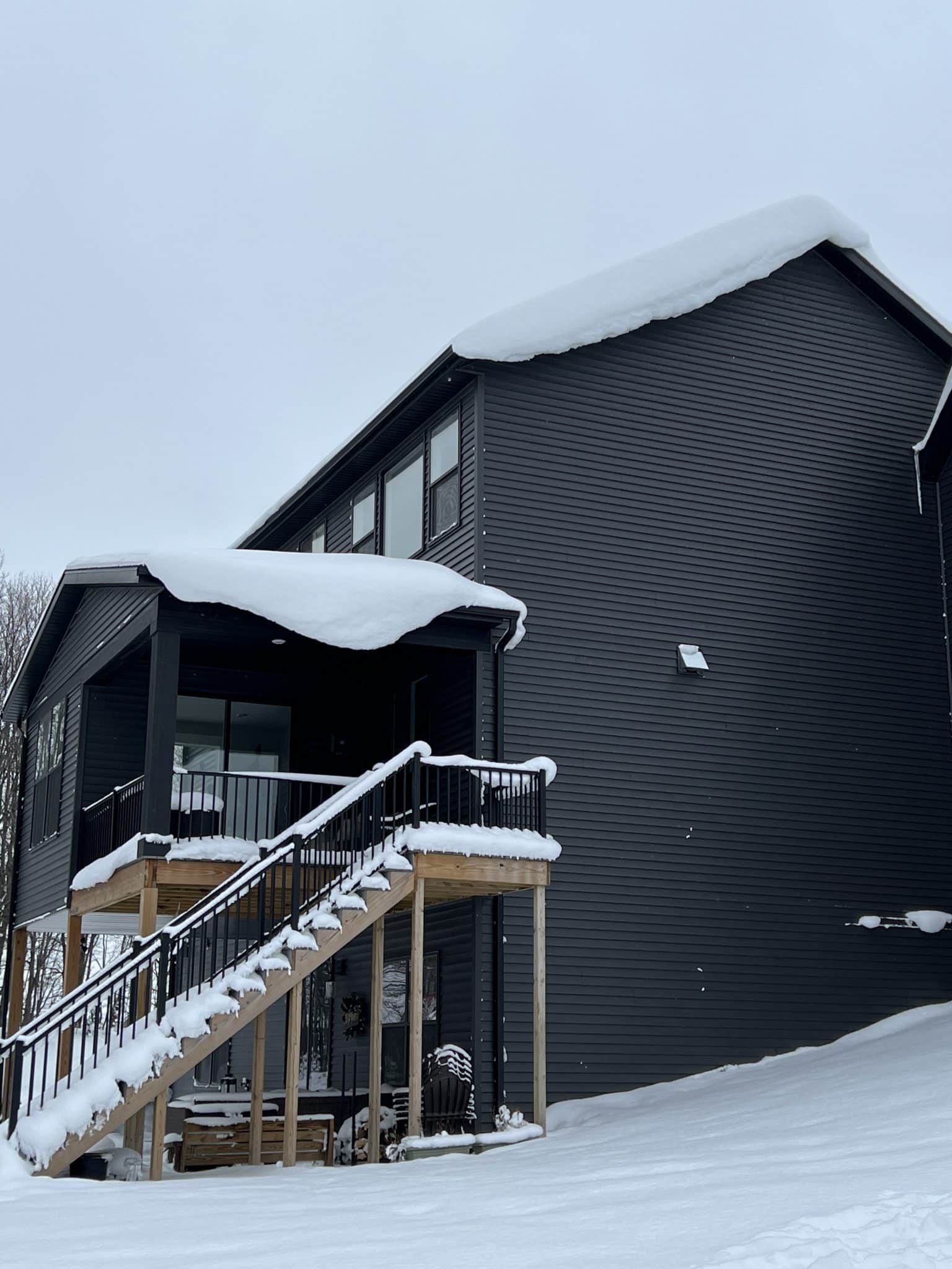 Modern farmhouse, snow day, grand rapids, mi, dark home exterior, stilettos and diapers