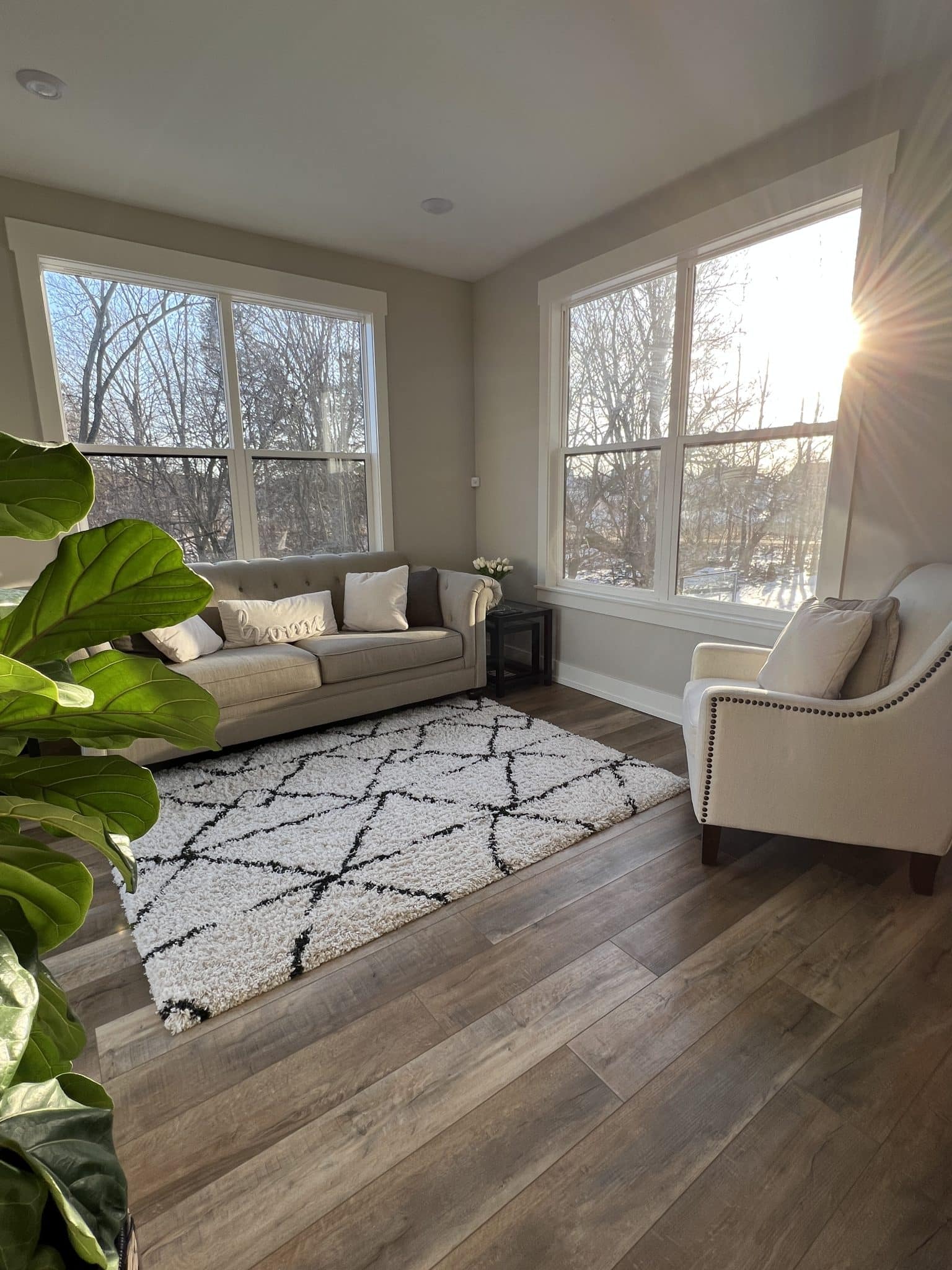 Living Room Design, Ceiling Beams, Accent wall, modern farmhouse, stilettos and diapers