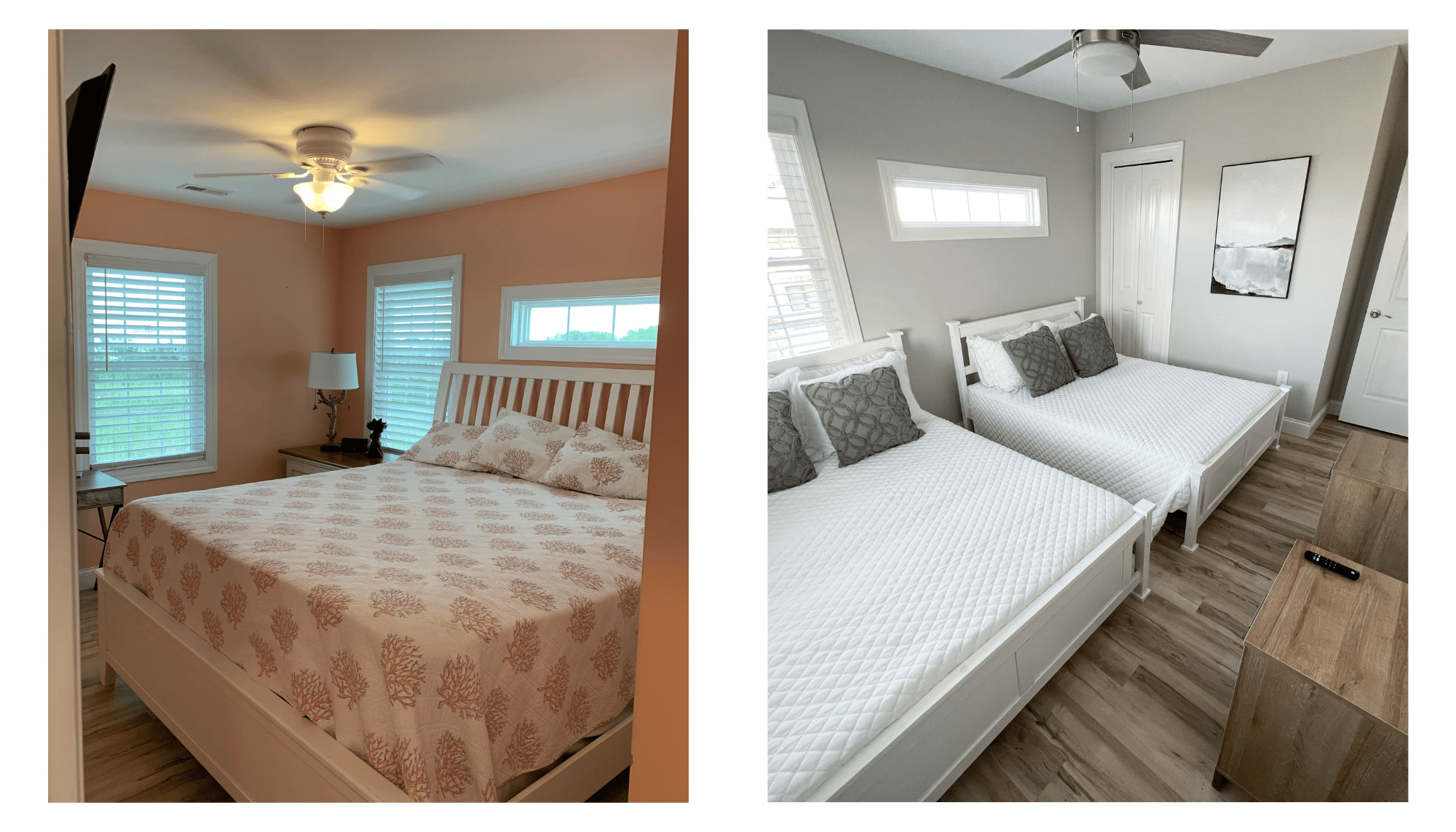 Bedroom remodel, Anchors Awey Ocean Isle Beach Before and After, Beach House flip, Ocean isle beach, NC vacation rental, Stilettos and Diapers