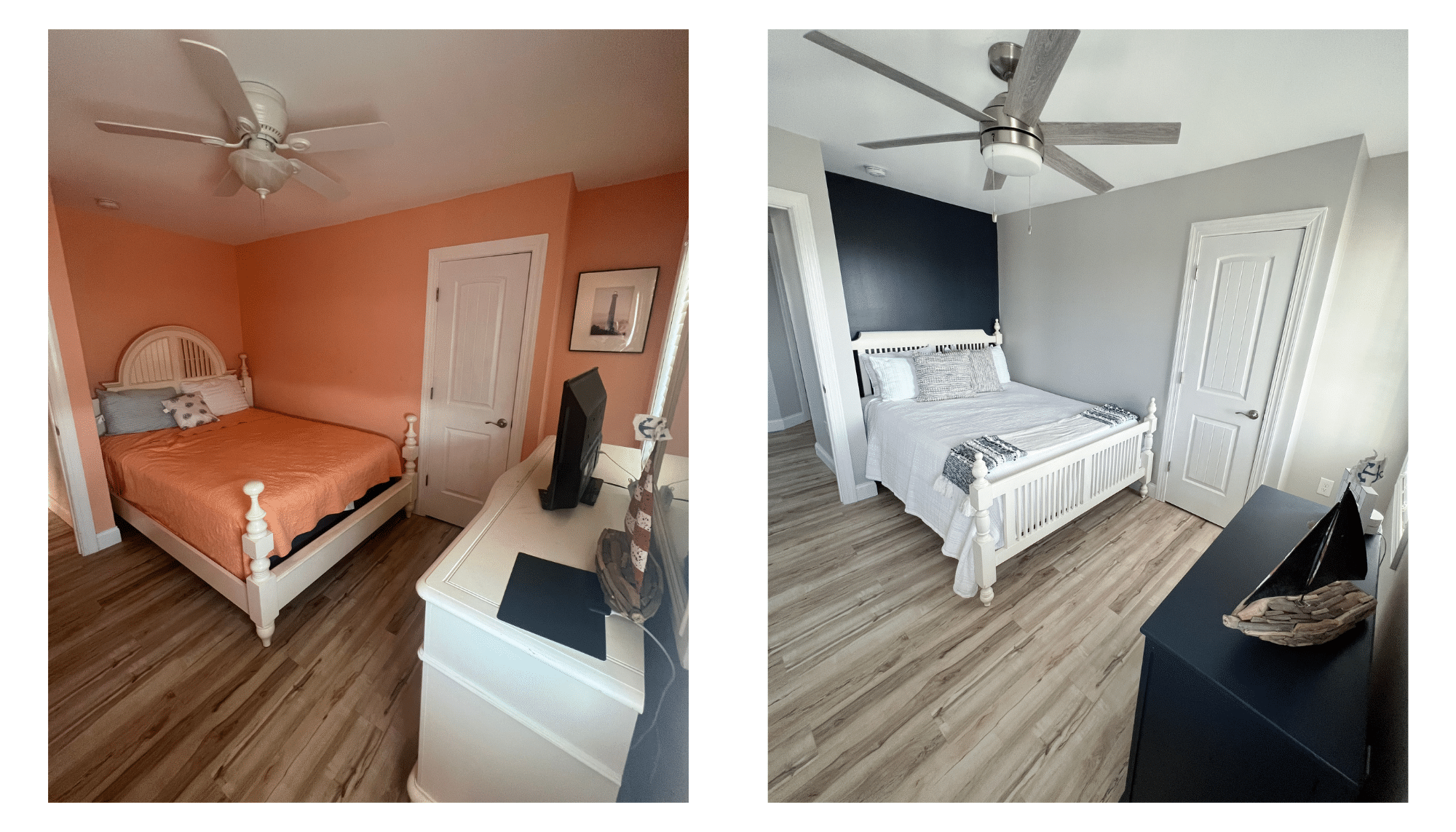 Beach Bedroom remodel, Anchors Awey Ocean Isle Beach Before and After, Beach House flip, Ocean isle beach, NC vacation rental, Stilettos and Diapers