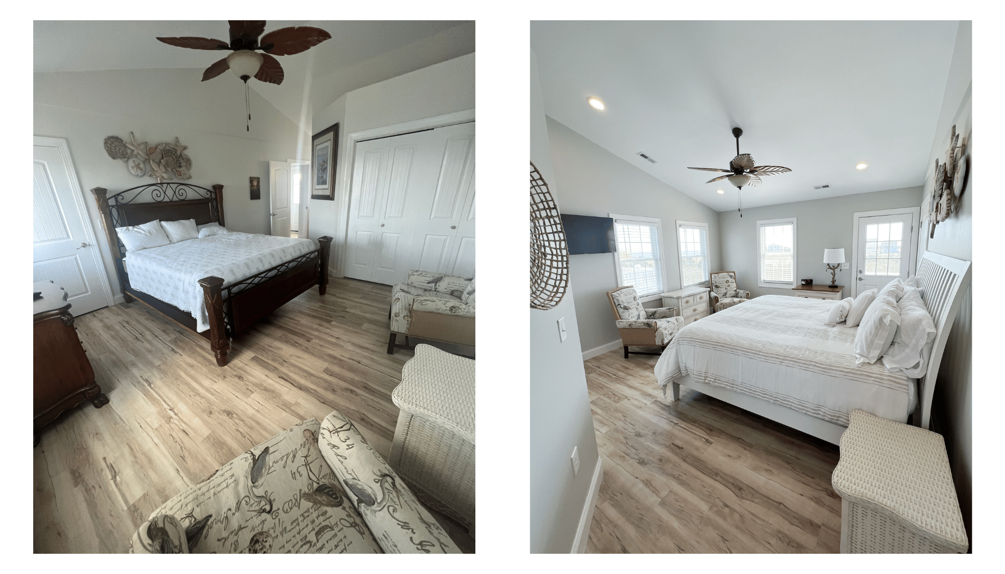 Master bedroom remodel, Anchors Awey Ocean Isle Beach Before and After, Beach House flip, Ocean isle beach, NC vacation rental, Stilettos and Diapers