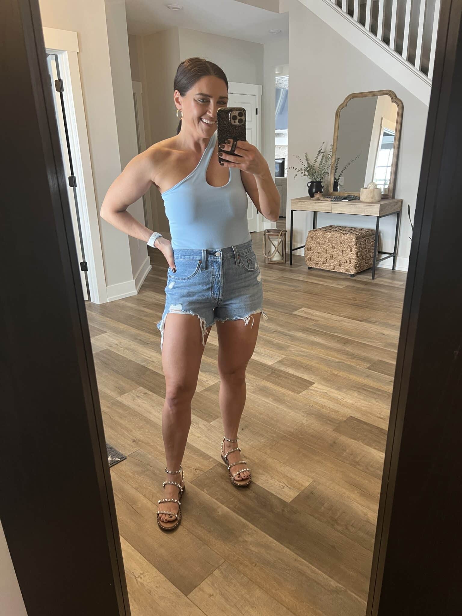 One Shoulder bodysuit, best denim shorts, Amazon finds, Spring break outfits, Stilettos and Diapers