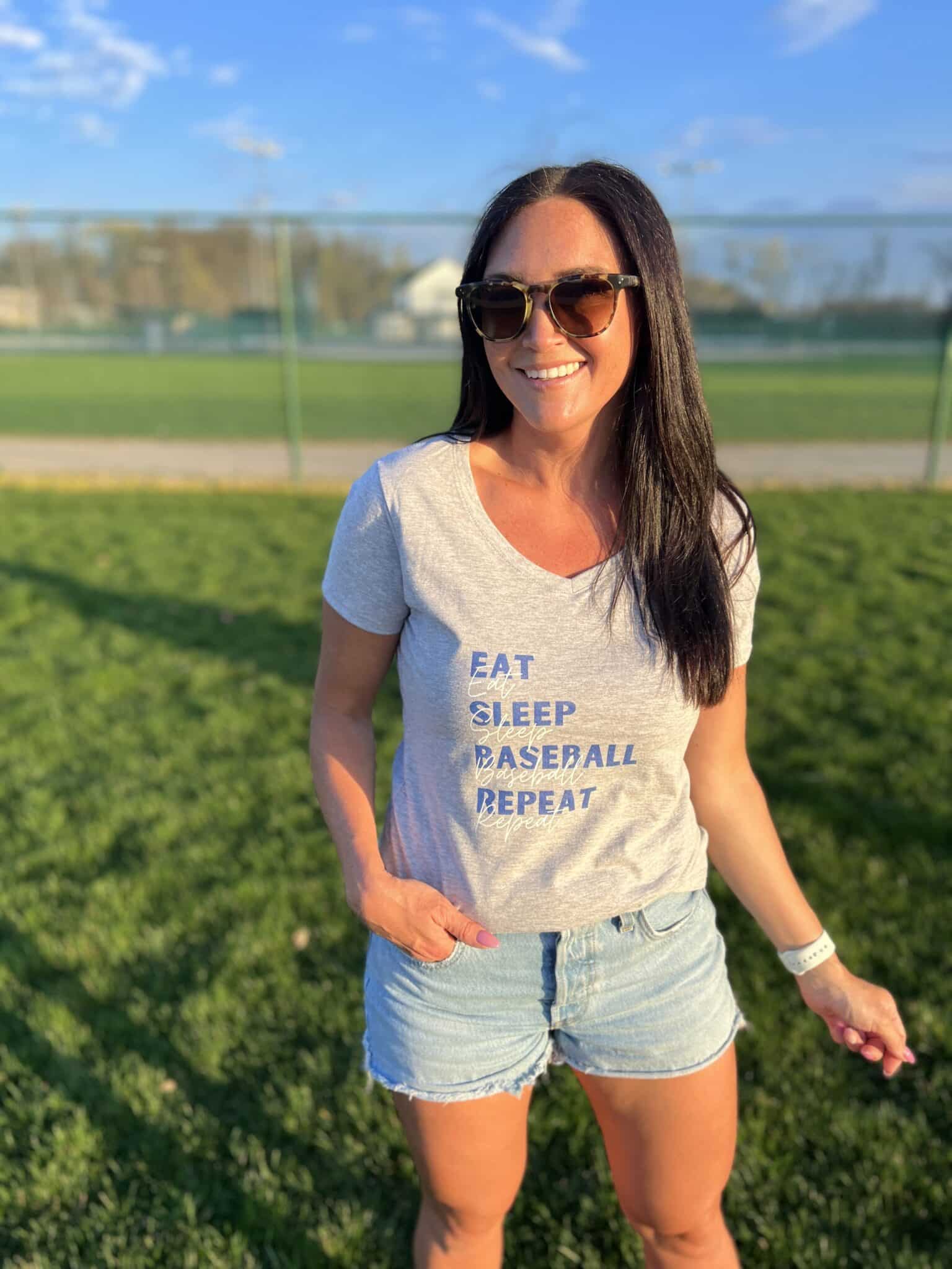 eat sleep baseball repeat, baseball mom shirt, baseball mom sweatshirt, stilettos and diapers, Molly Wey