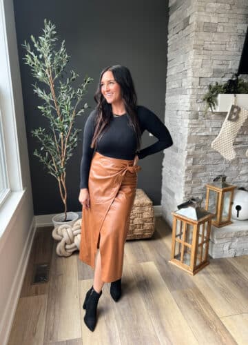 Leather wrap skirt, best layering bodysuit, Thanksgiving outfit ideas, Fall style, 2023 style, Molly Wey, Stilettos and Diapers
