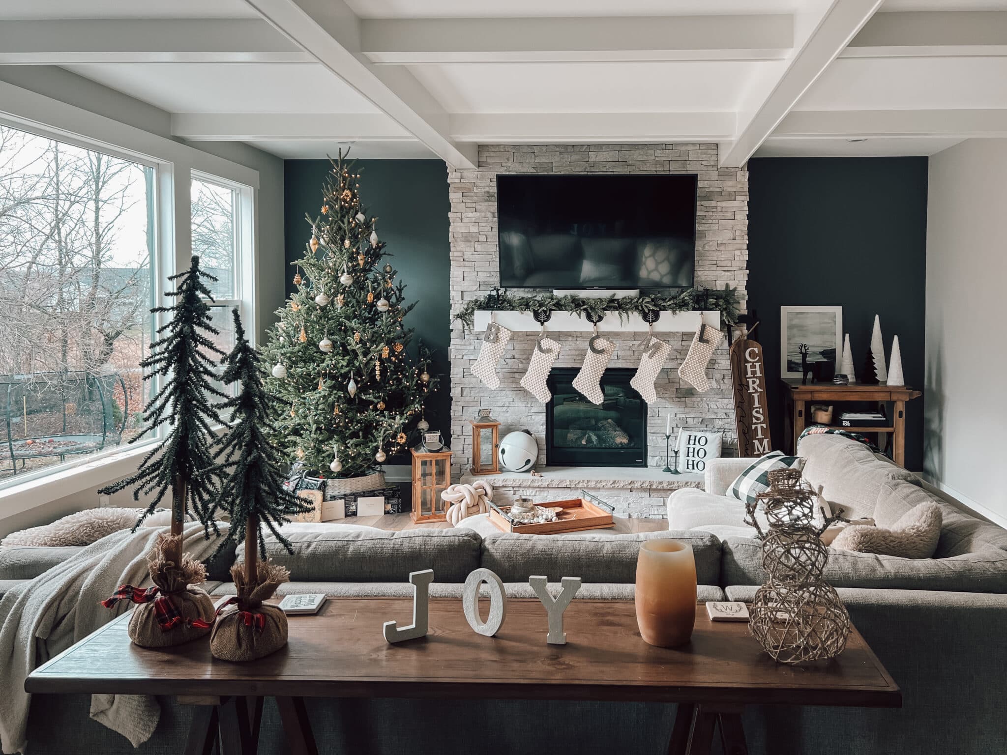Christmas decor, Modern Farmhouse decor, kendall charcoal accent wall, white stone fireplace
