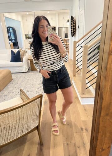 best denim shorts, black denim shorts, striped tee, spring style, Molly Wey, stilettos and diapers
