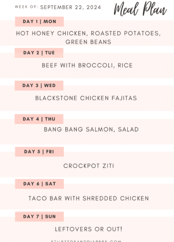 Weekly meal plan, family friendly meal plan, stilettos and diapers, meal planning