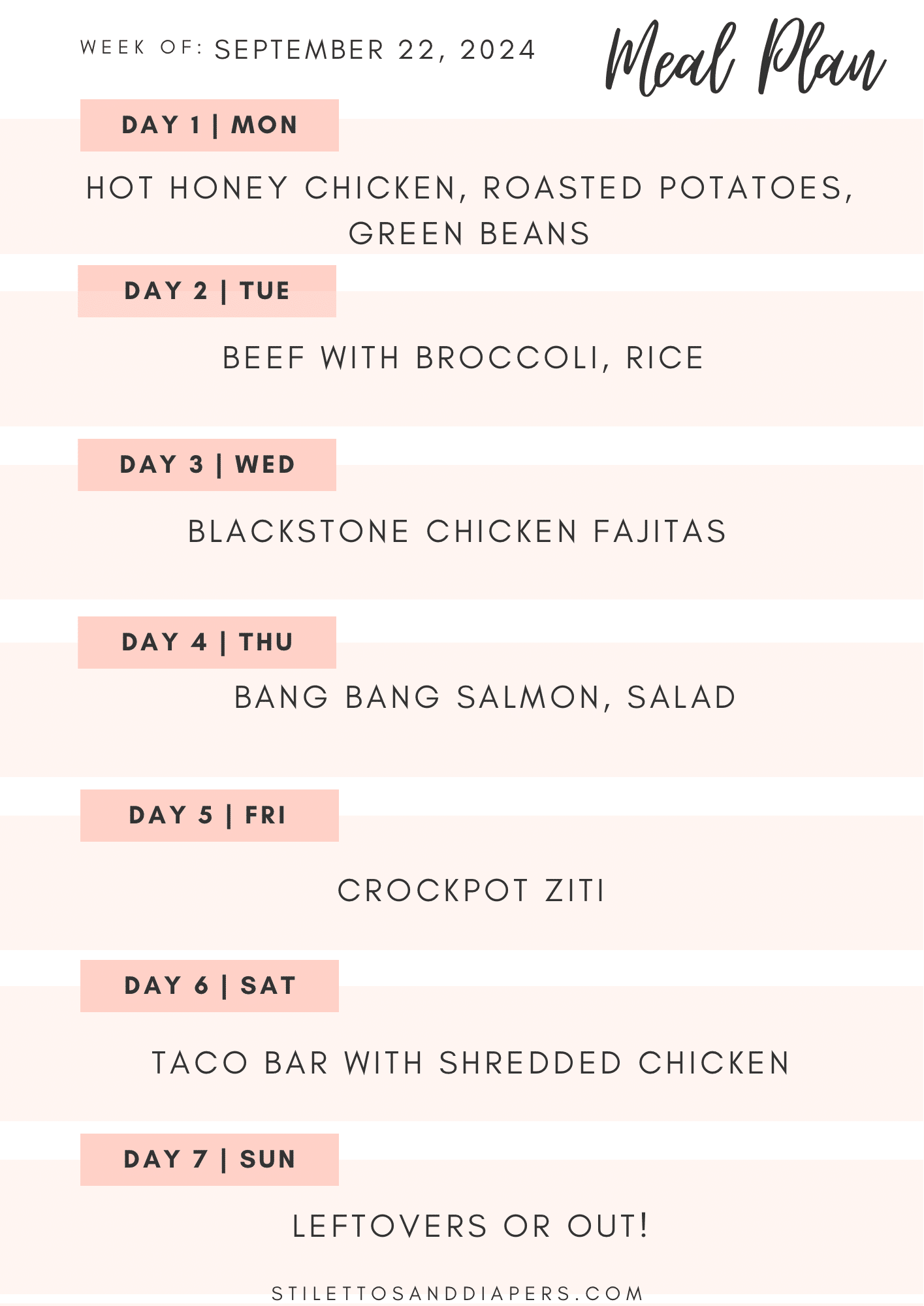 Weekly meal plan, family friendly meal plan, stilettos and diapers, meal planning 