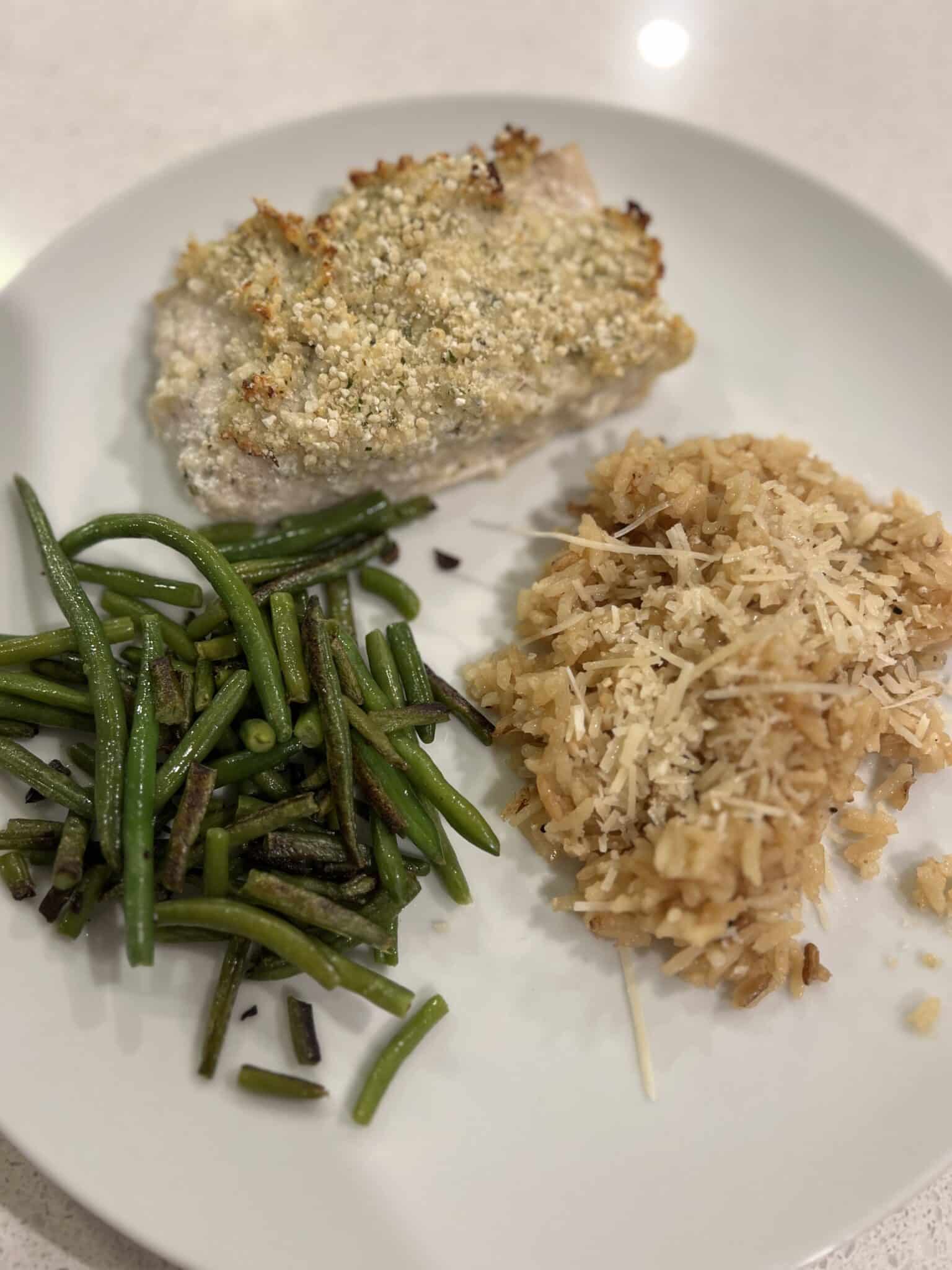 Parmesan rice, simple crusted mahi mahi, baked mahi mahi, weeknight dinners, Stilettos and Diapers