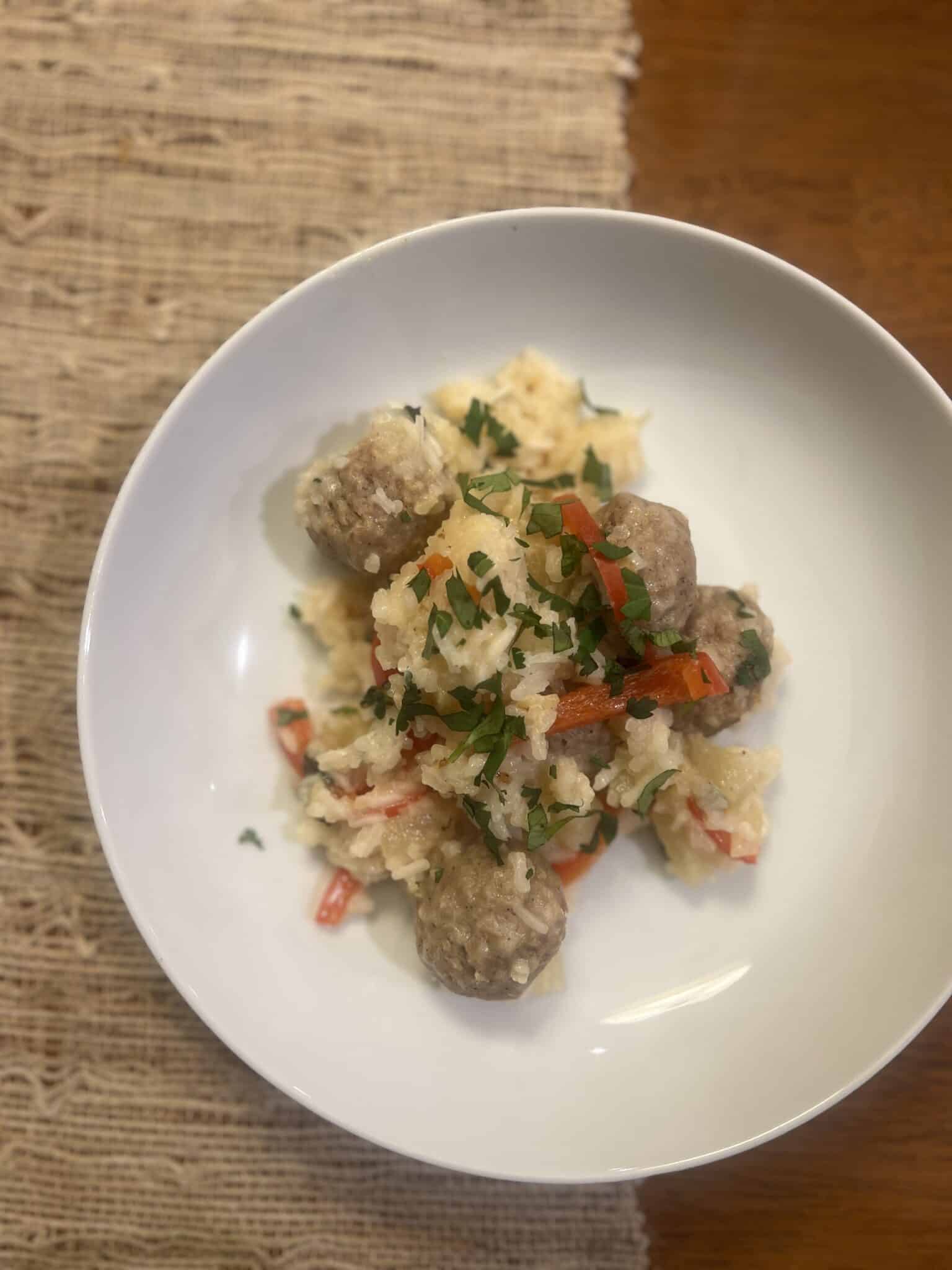 Chicken meatballs with pineapple coconut rice, one pan meal, easy weeknight dinner, Stilettos and Diapers