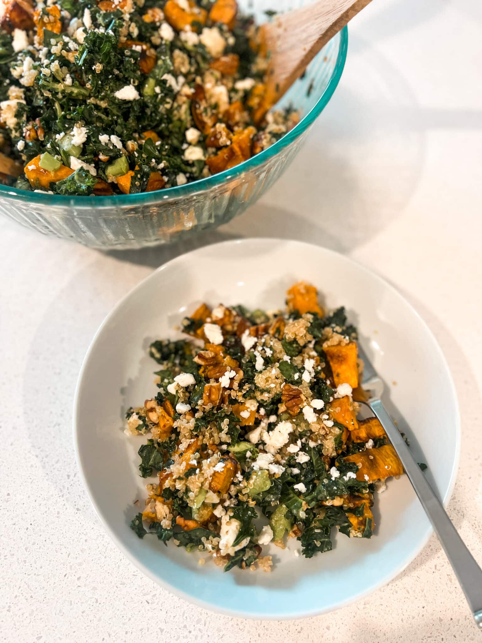 kale sweet potato quinoa salad, meal prep, healthy lunch, stilettos and diapers