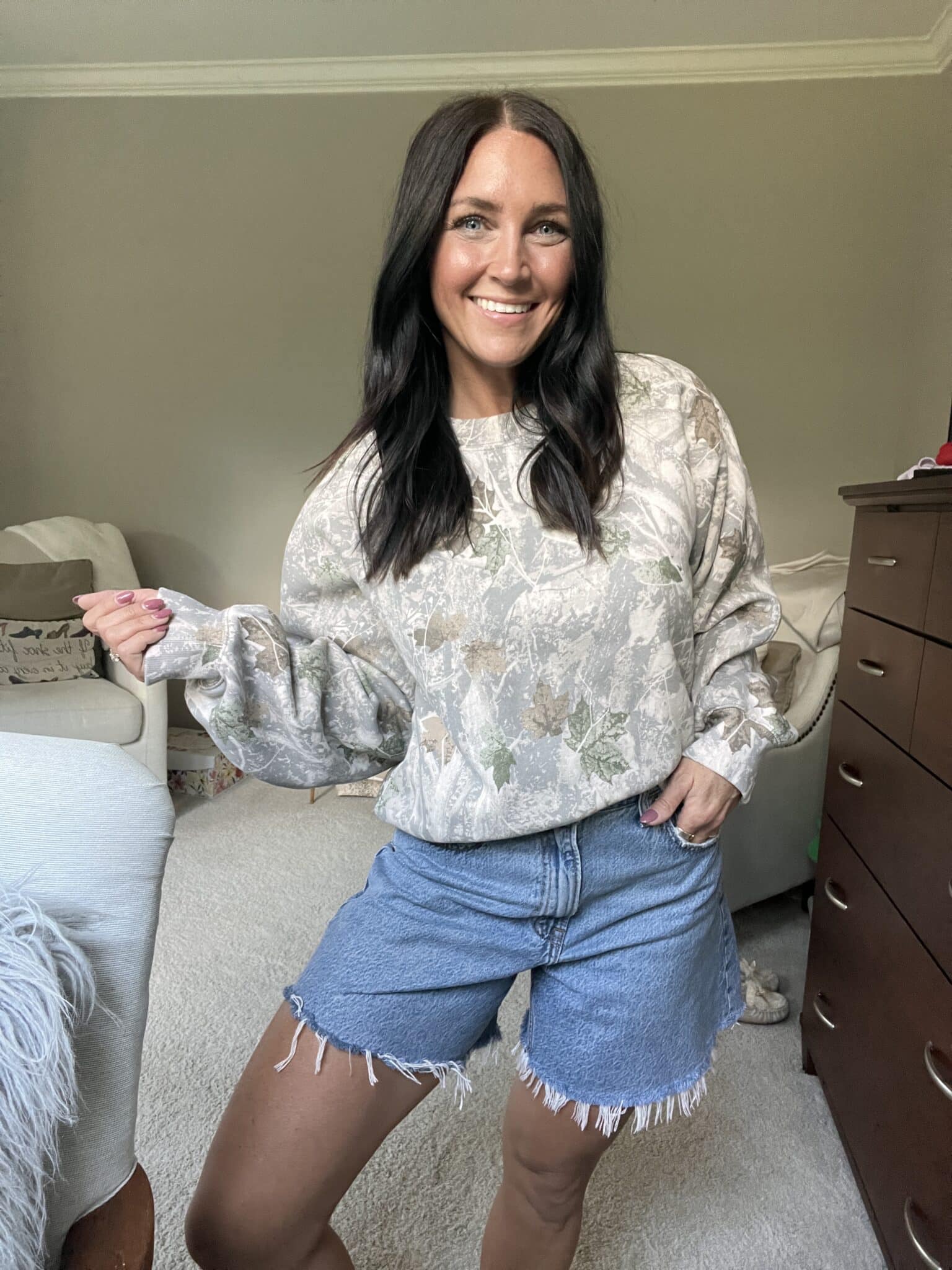 camo sweatshirt, long loose denim shorts, abercrombie style, stilettos and diapers, molly wey
