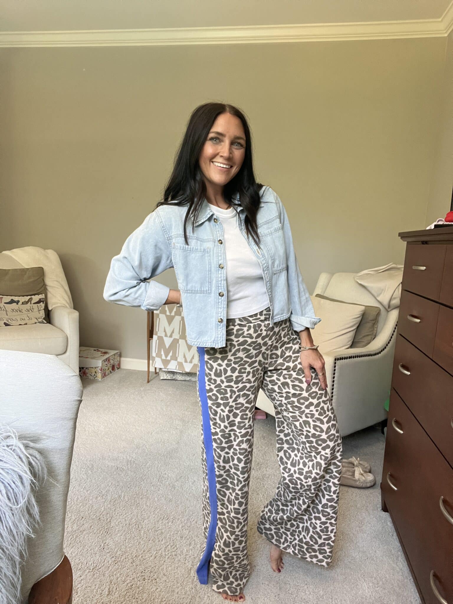 Leopard Pants, Leopard sweatpants, cropped white tee, Stilettos and Diapers