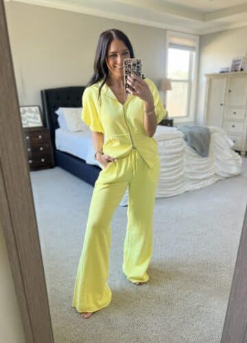 Yellow sweatsuit, spring fashion finds, walmart fashion, stilettos and diapers, molly wey