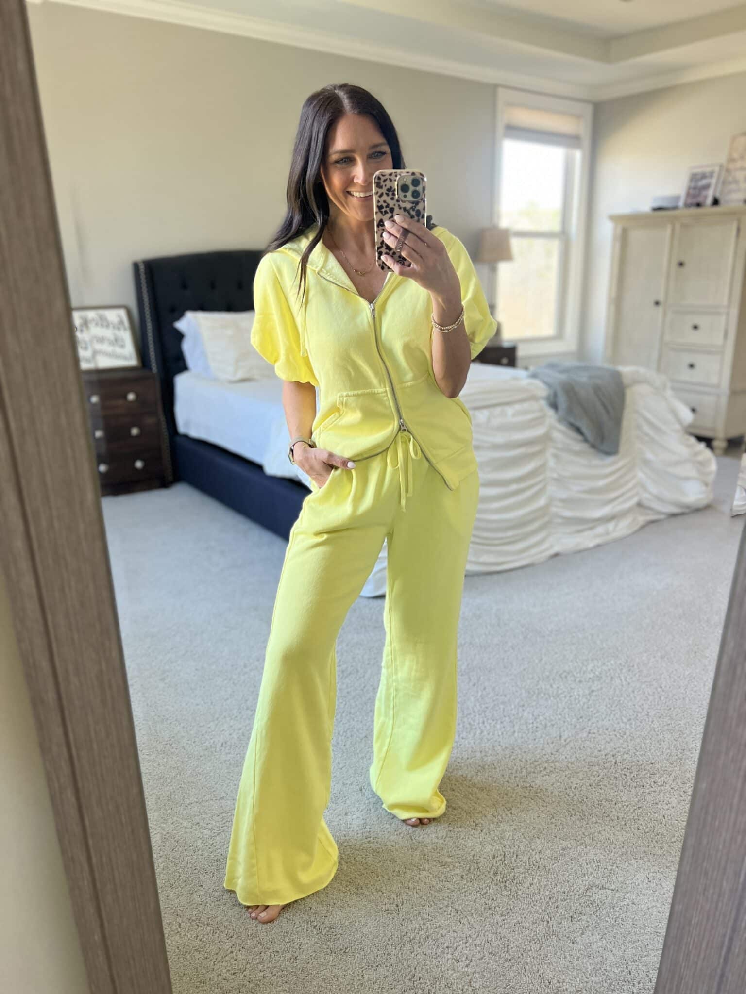 Yellow sweatsuit, spring fashion finds, walmart fashion, stilettos and diapers, molly wey