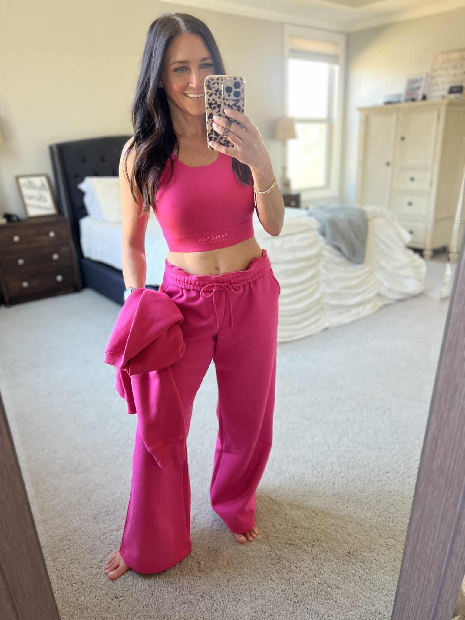 hot pink sweatsuit, fabletics, spring fashion finds, stilettos and diapers, molly wey