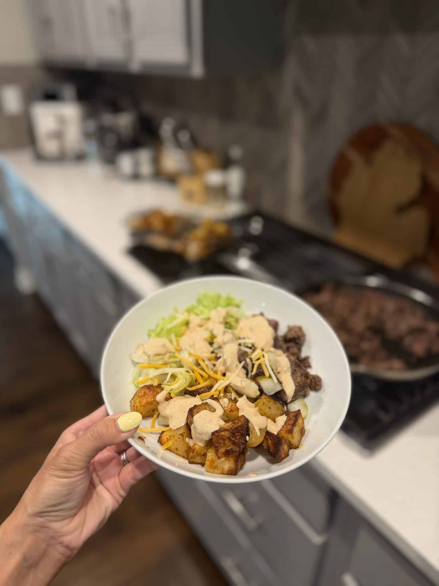 Loaded potato big mac bowls, weeknight dinners, family friendly meals, 30 minute meals, stilettos and diapers